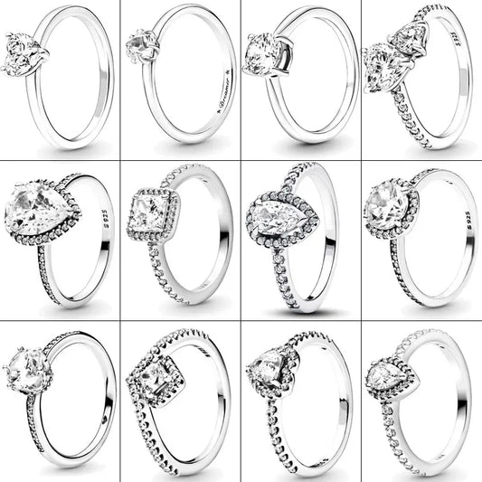 Silver Ring Sparkling Crown Solitaire Ring Double Heart Ring For Women Engagement Pandor Ring