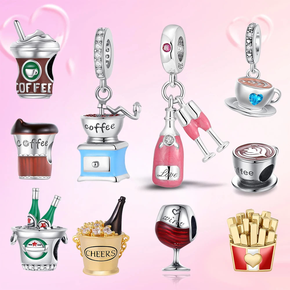 Coffee addict Charm Silver Plated Charm for Moment Bracelets Beer Celebration Charm Funny Metal Bead for Custom Bracelets