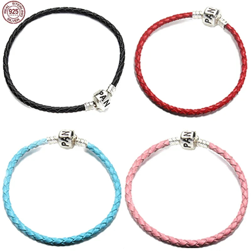 Sterling silver genuine leather red woven lucky snake bone bracelet with fitting design, original charm bead Dl Ya gift