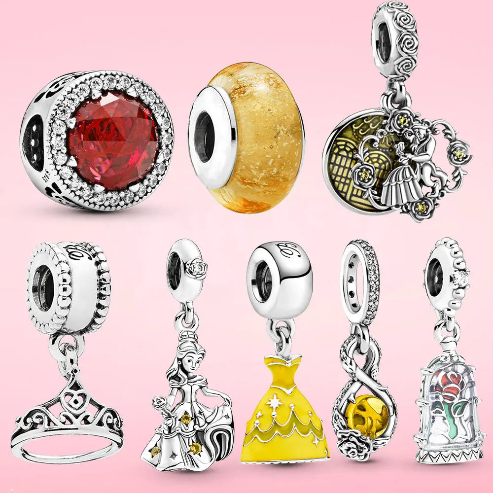 Charm jewelry beauty and the beast Dangle silver plated bed Rose Dangle Fit original disney