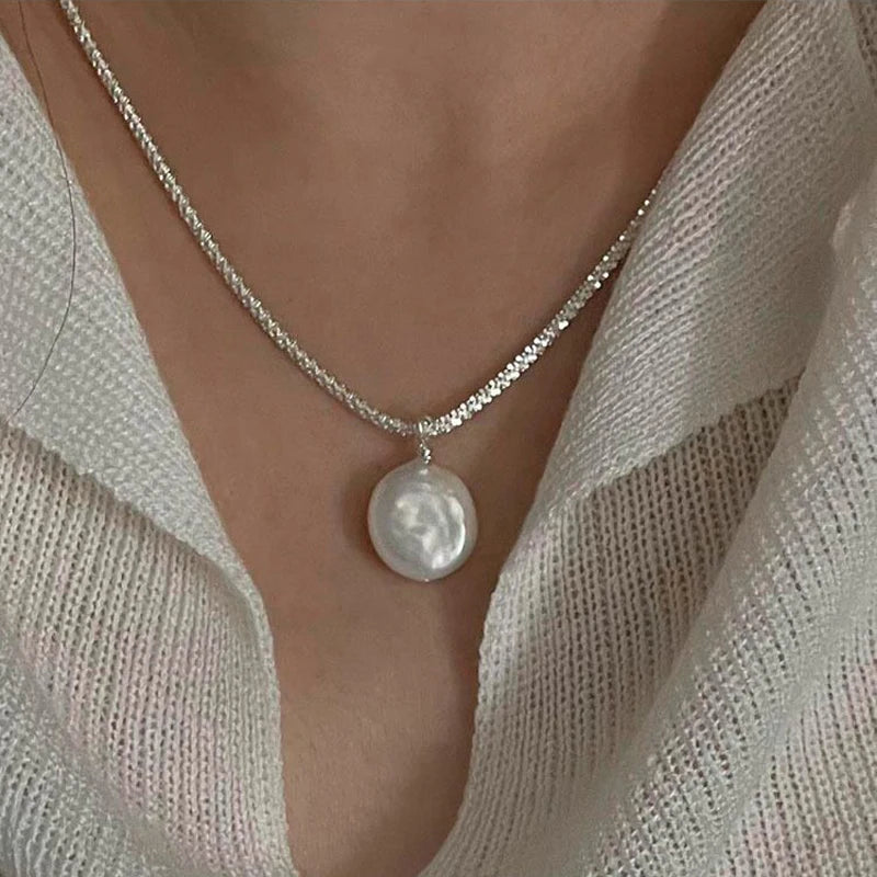 Sterling Silver Hot Style Chain Choker Round Shell Pearl Pendant Necklace Simple Women's Wedding Gift Boutique Fine Jewelry