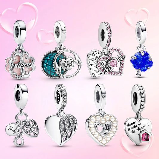 Blue Glass Charm Women For Original Silver Plated Bracelet Heart Pink Family Moment Pendant Friend Bead Diy Wholesale Gift
