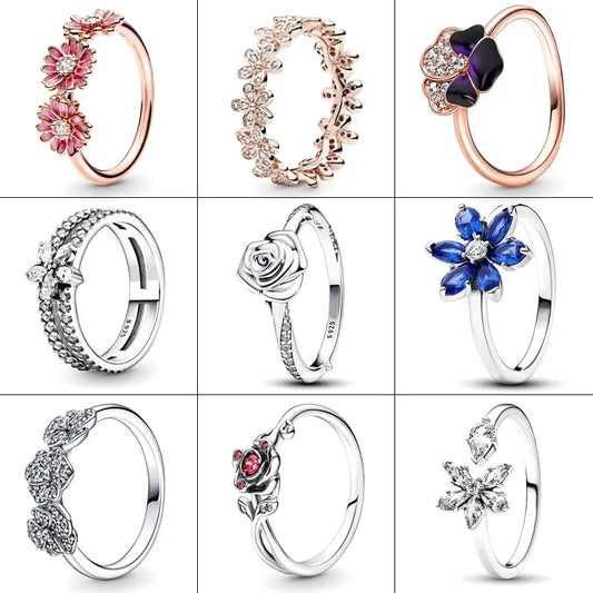 Silver Ring Rose in Bloom Ring Pink Daisy Flower Ring Blue Herbarium Cluster Ring Pandor Ring Women